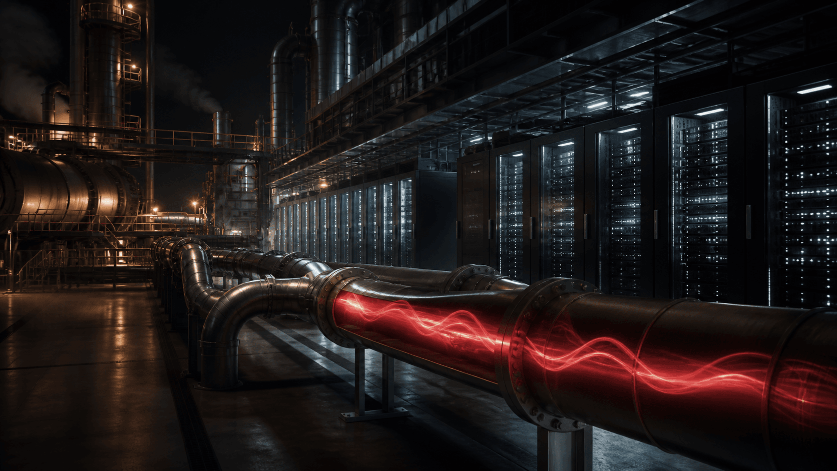 A dark data center connected to industrial gas pipelines carrying a red energy pulse