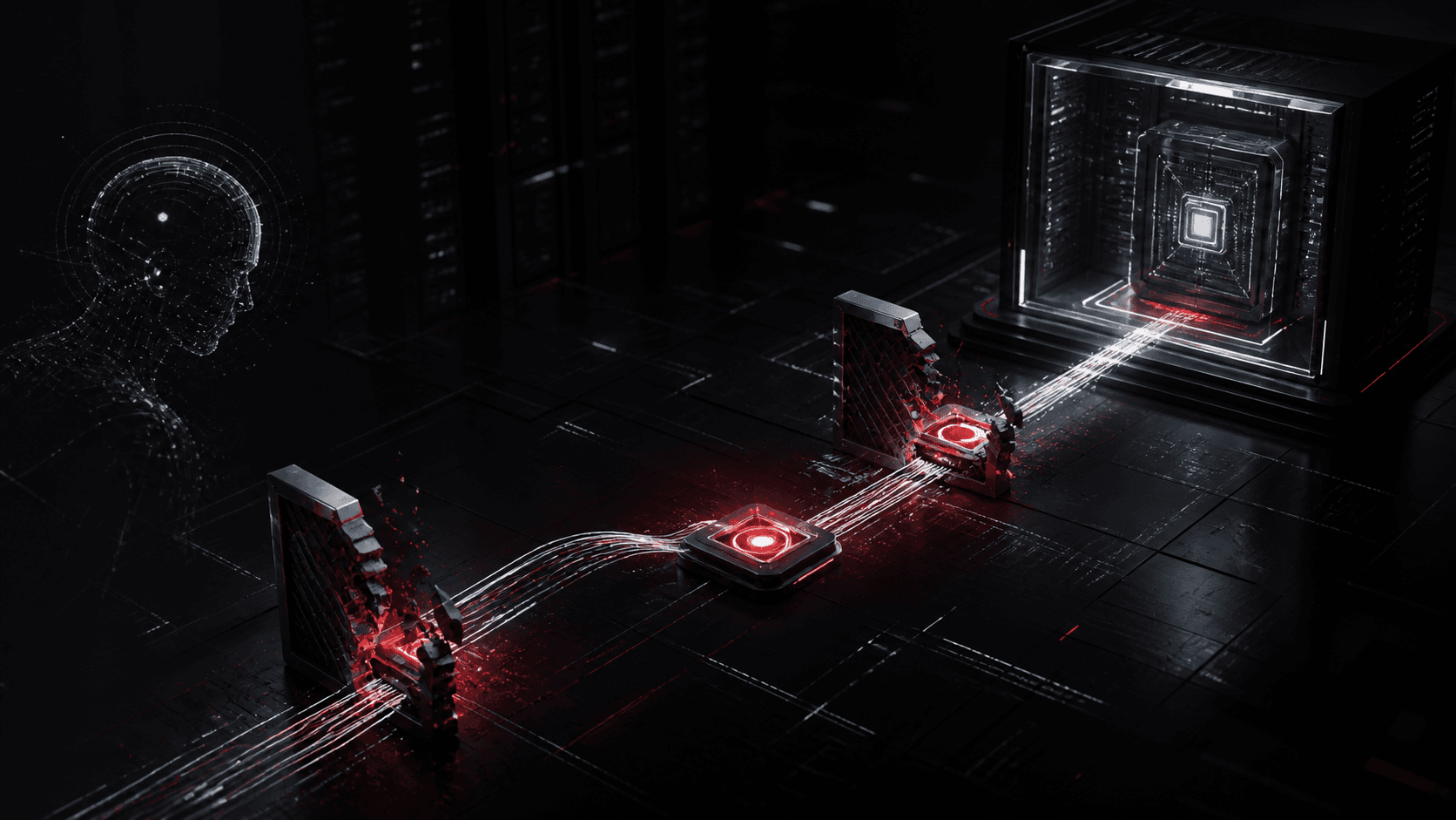 Two broken security gates forming a chained path toward an enterprise server core