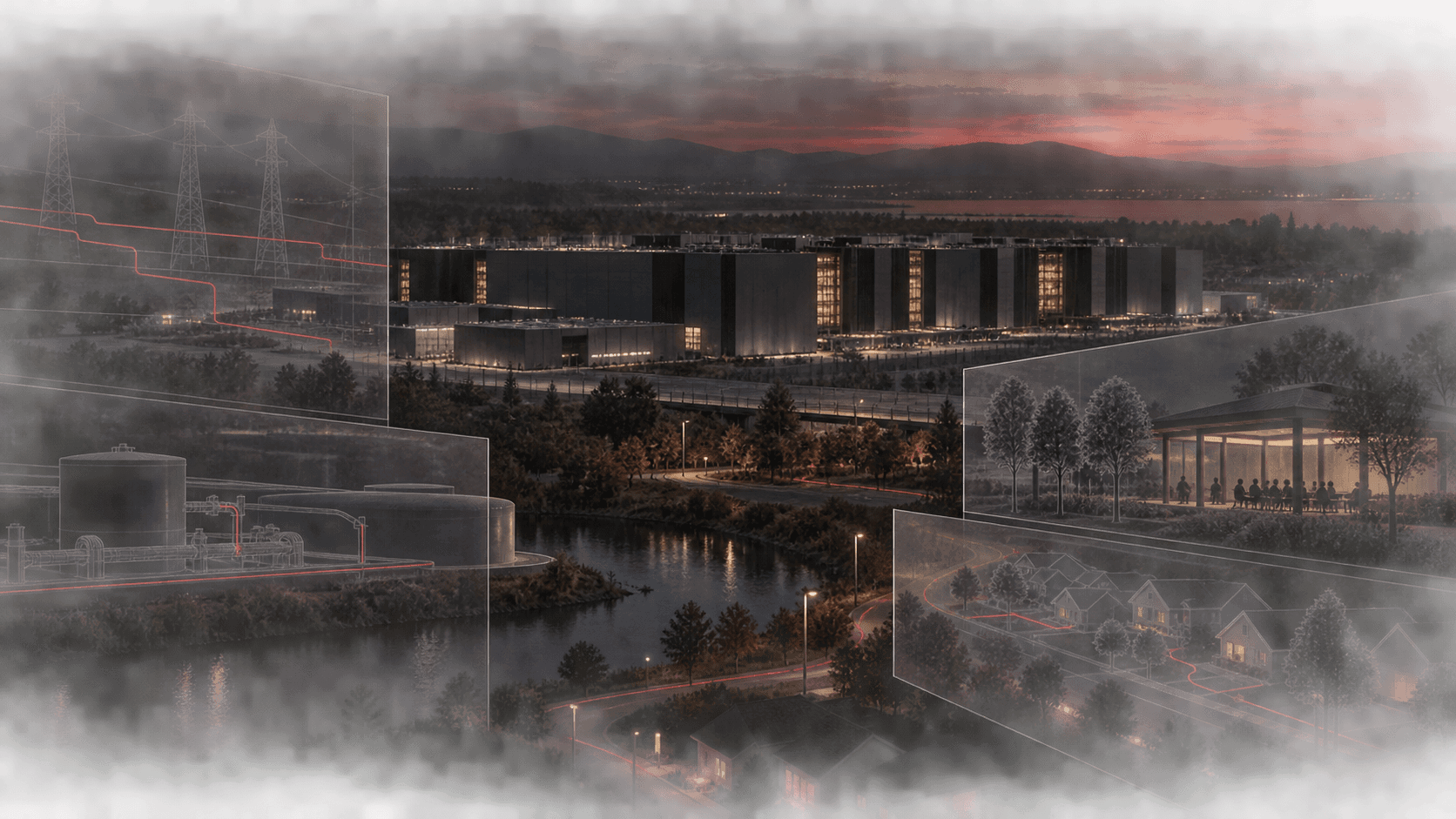 A dark data center campus visible through transparent civic-planning panels with restrained red illumination