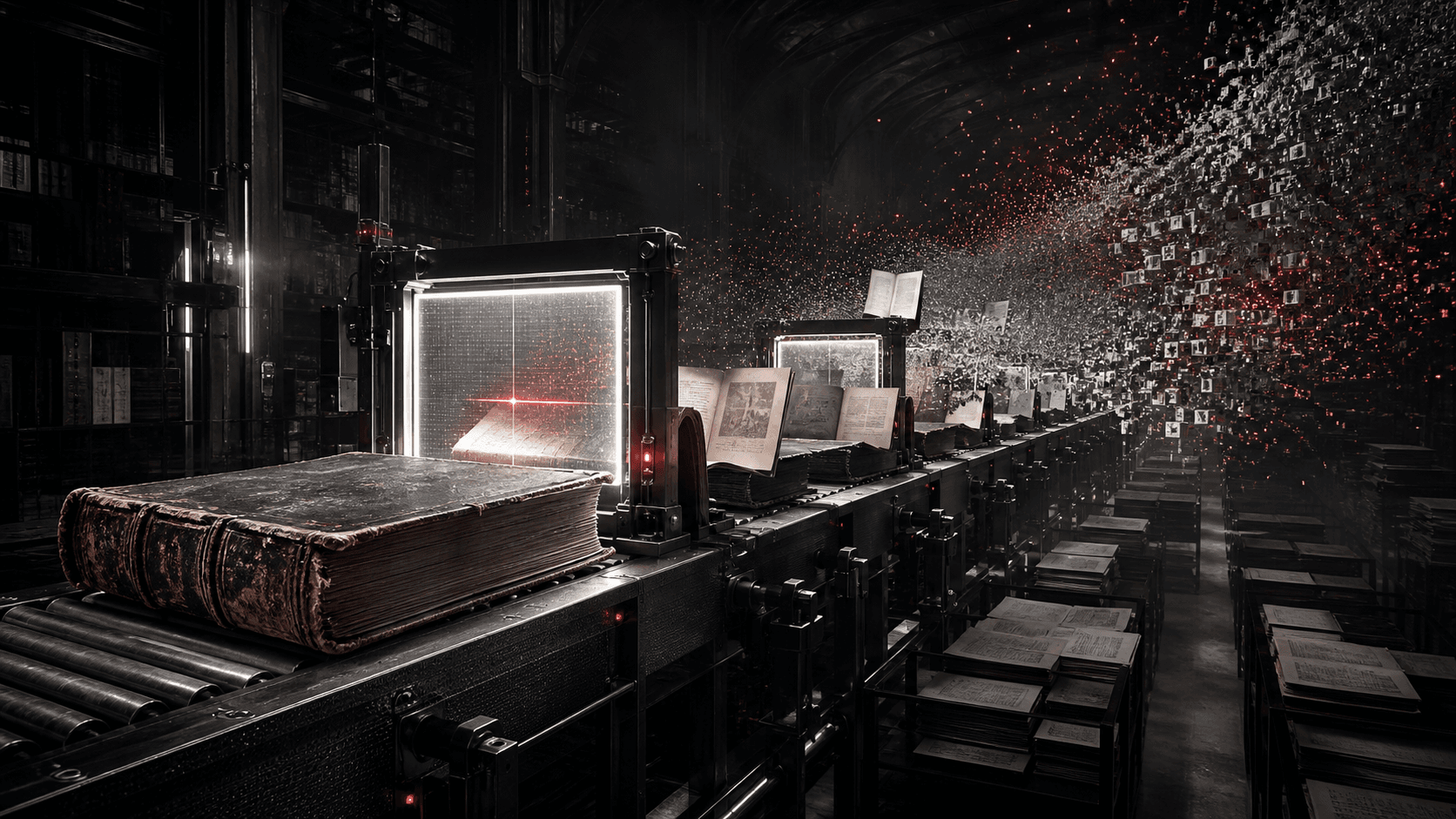 An antique book entering a dark industrial scanning line and becoming red data particles