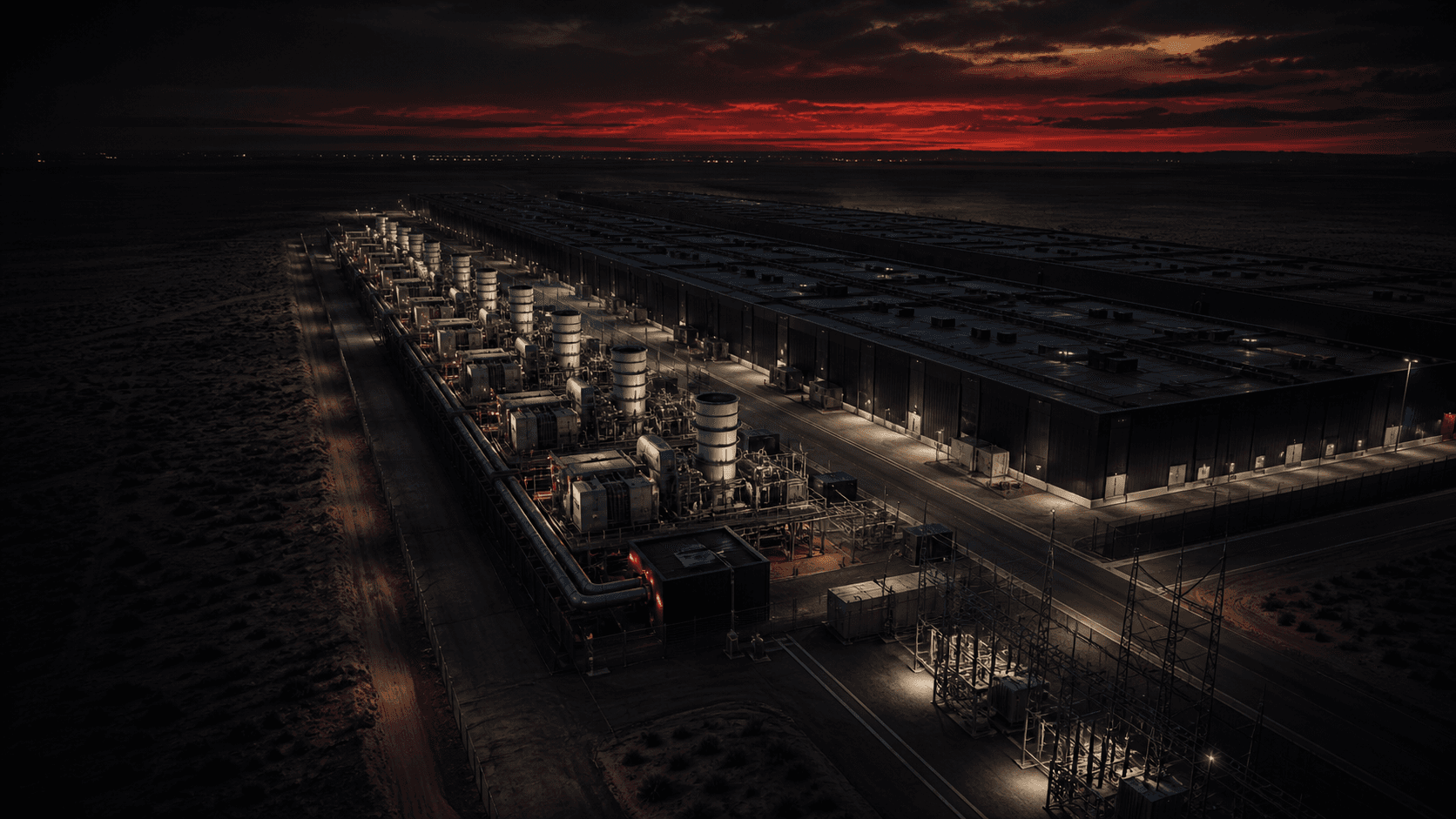 A vast night data center complex beside gas turbines under a dark red horizon