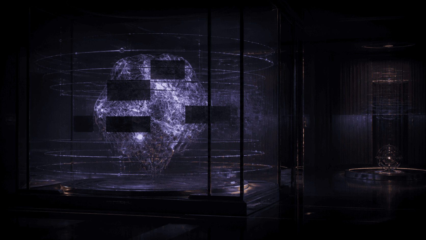 A partially redacted neural structure under monitoring rings inside a dark glass containment room