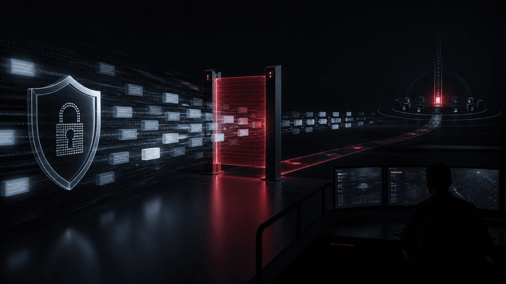 A private AI conversation passing through a narrow red safety gate under human oversight