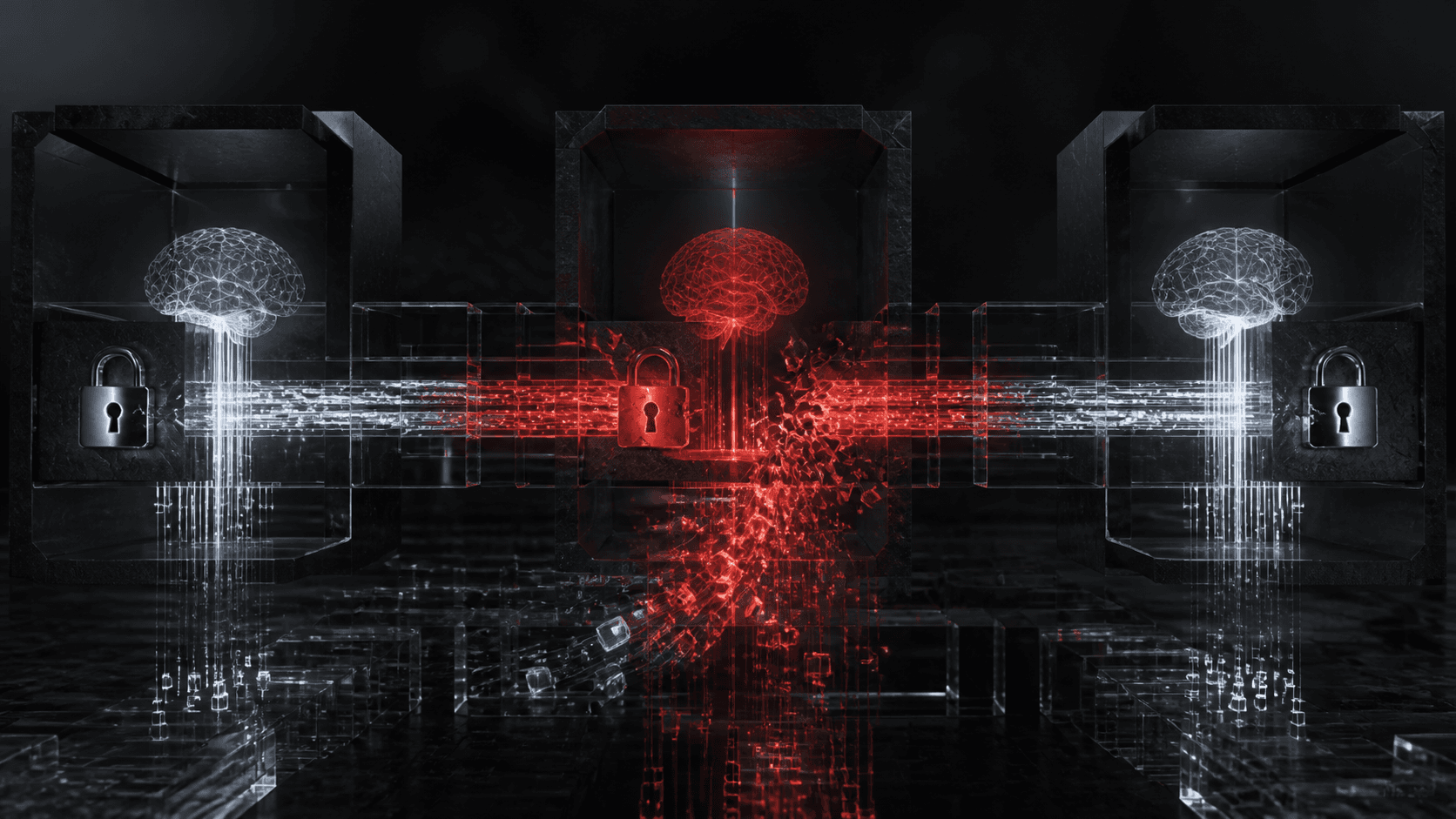 Encrypted reasoning blocks crossing a breached boundary between isolated AI systems