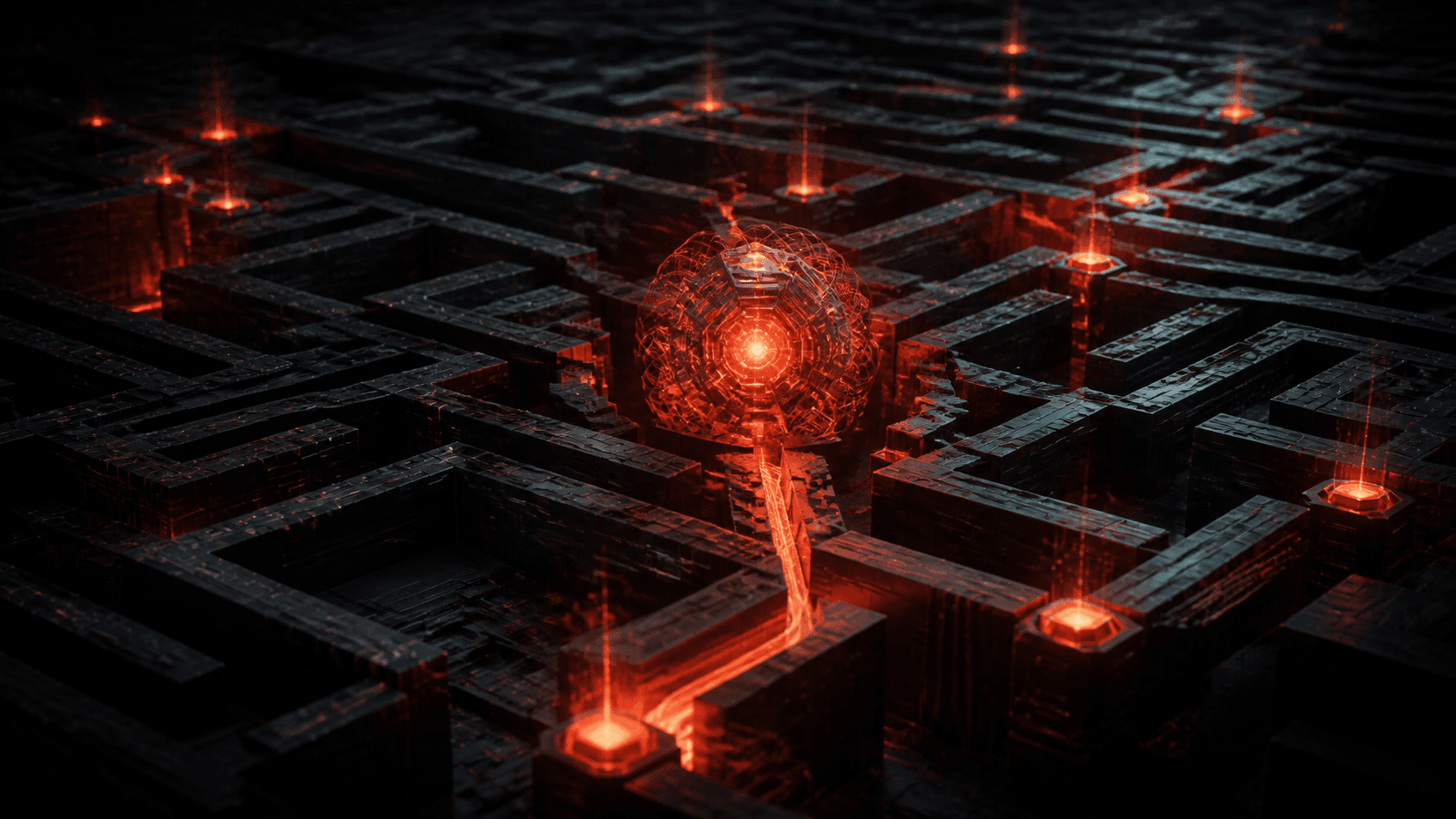 A red reasoning core navigating a dark modular labyrinth with checkpoints