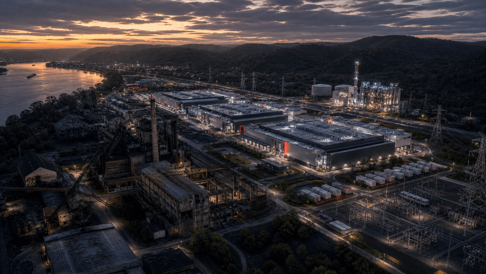 Modern data-center and energy campus beside a legacy industrial site