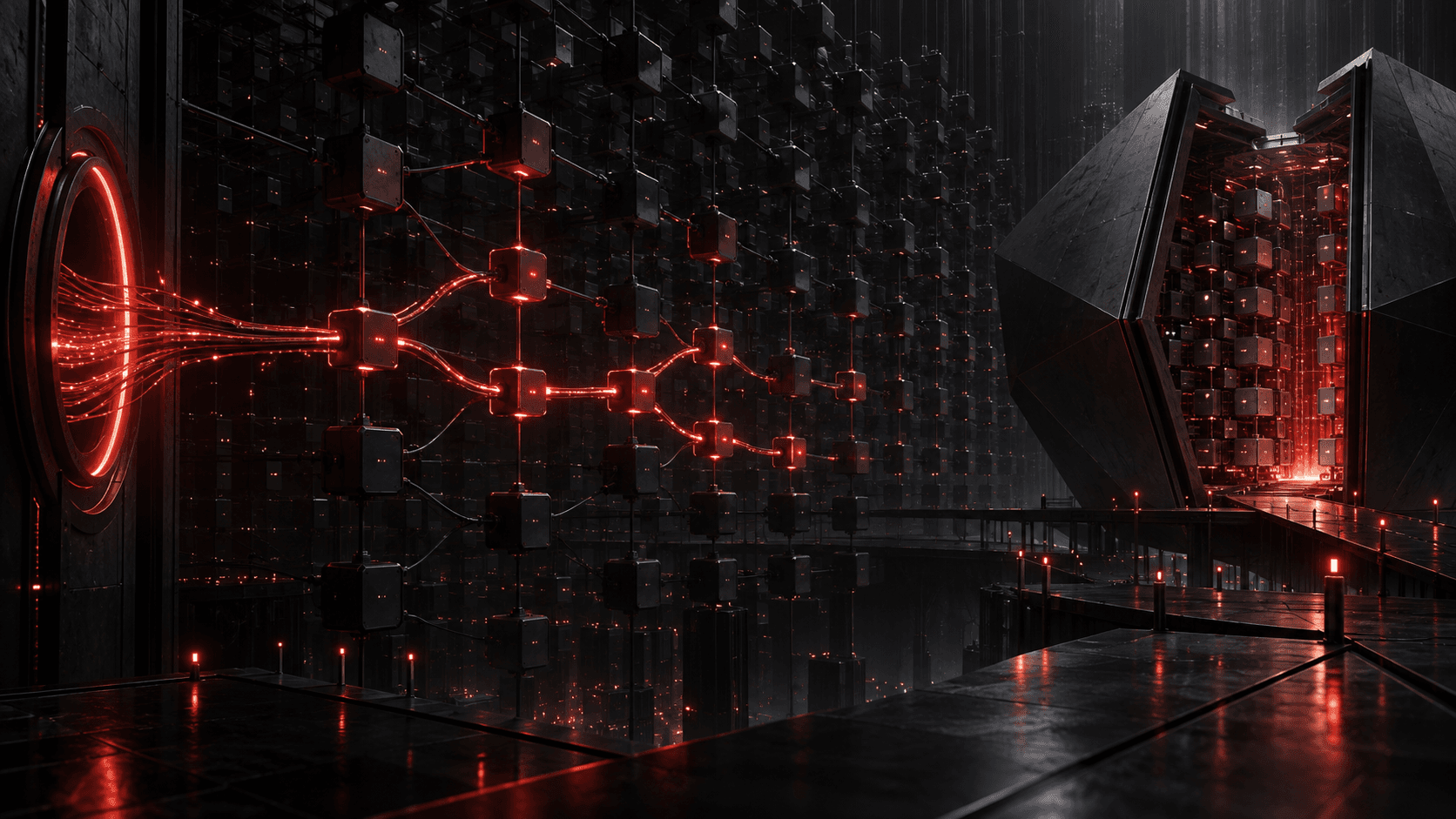 A vast dark model architecture divided between a red-lit API gateway and an opening vault of compute nodes