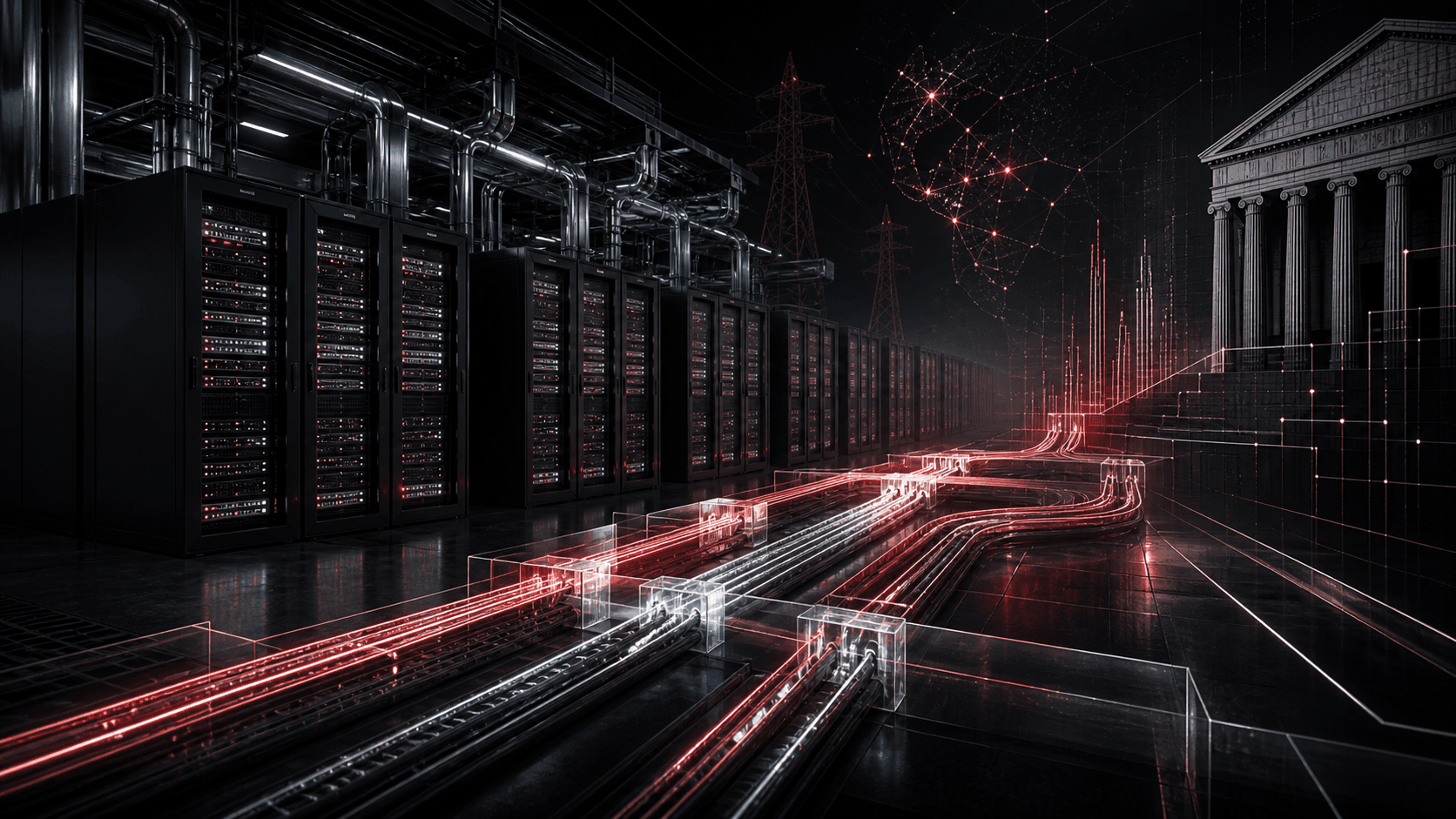 Dark AI server racks connected to structured capital channels and a glowing infrastructure ledger