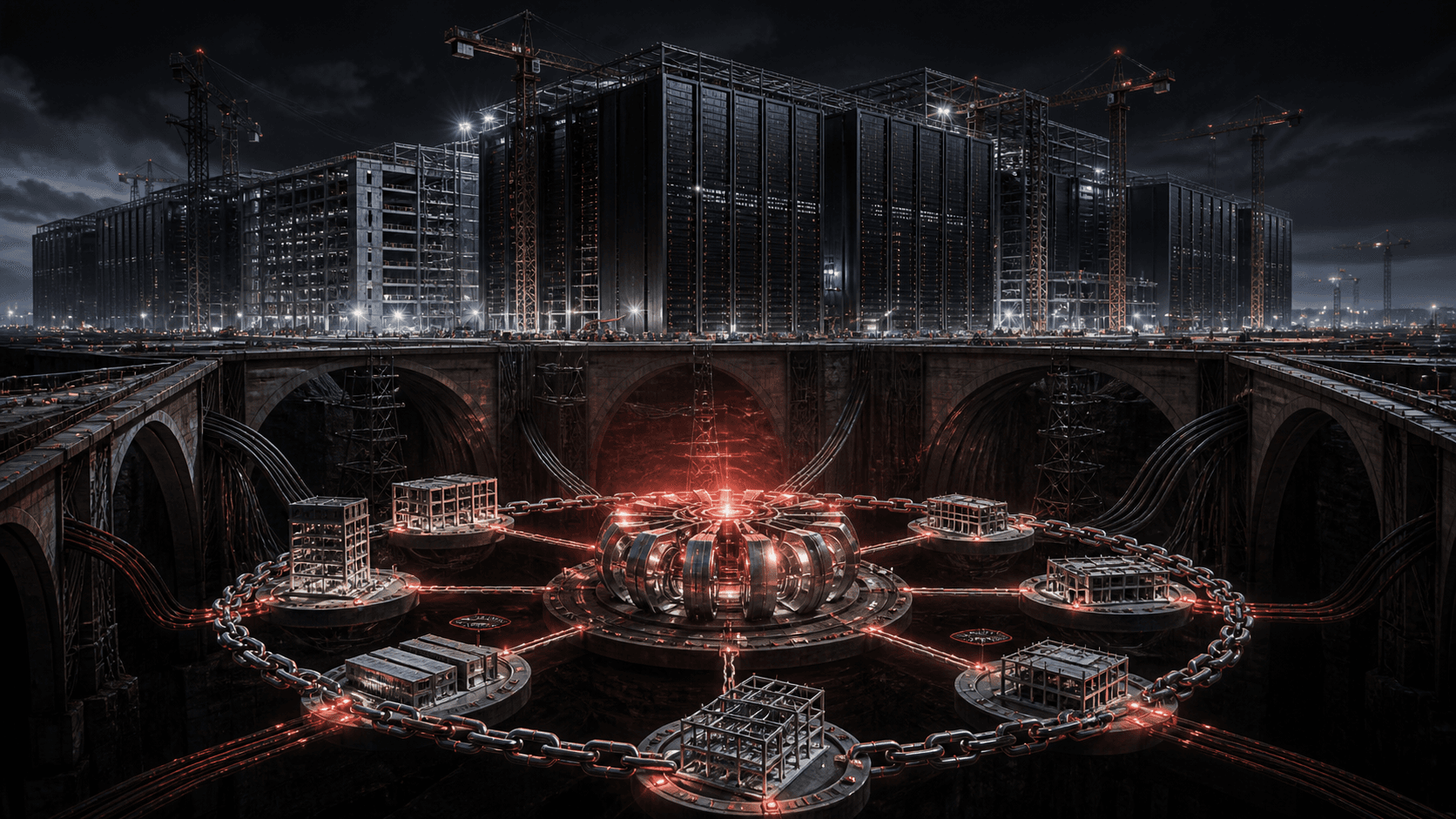 A vast dark data center construction site supported by a red-lit chain of financial obligations