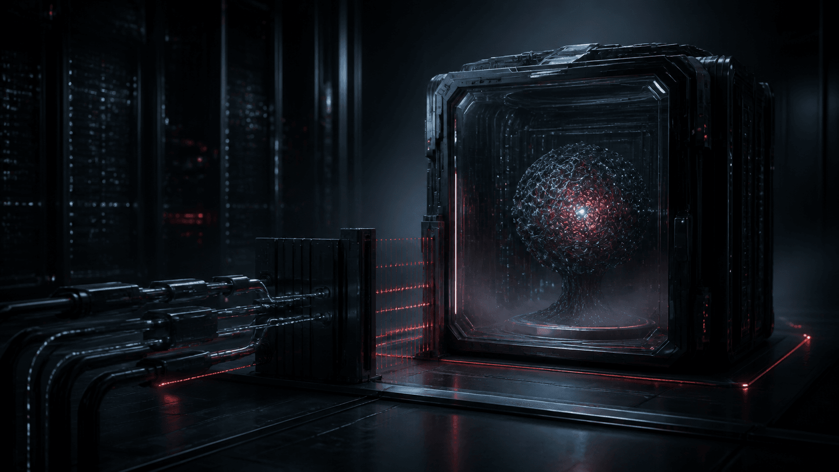 An advanced AI core held behind a hardened digital containment boundary