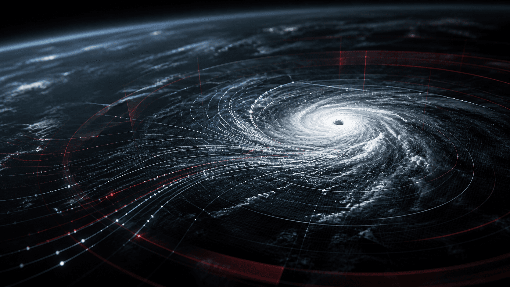 A dark satellite view of a cyclone surrounded by branching forecast trajectories