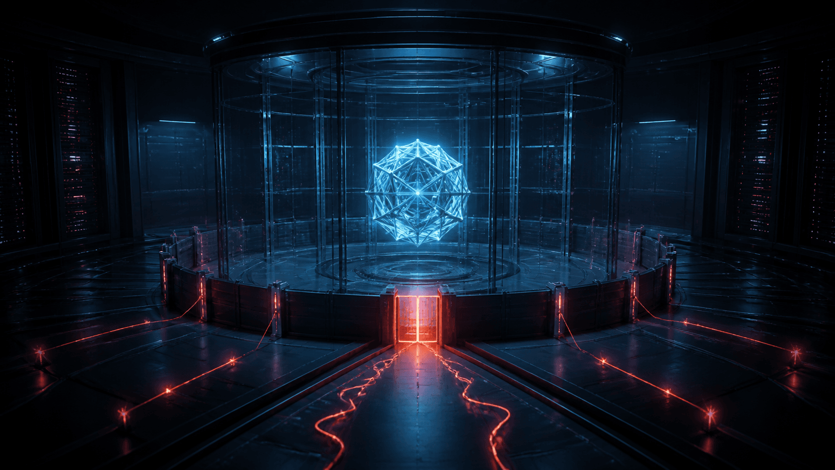 A luminous AI core held behind layered cyber-security barriers in a dark evaluation chamber